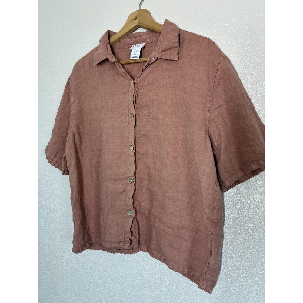 Nicole Miller Shirt Womens Large Pink 100% Linen Short Sleeve Button Up - Picture 2 of 11